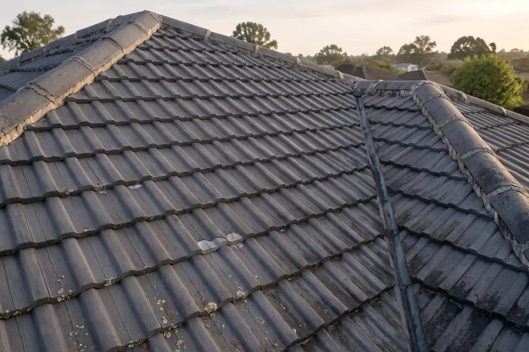 Grey concrete tile roof with weathered ridge capping